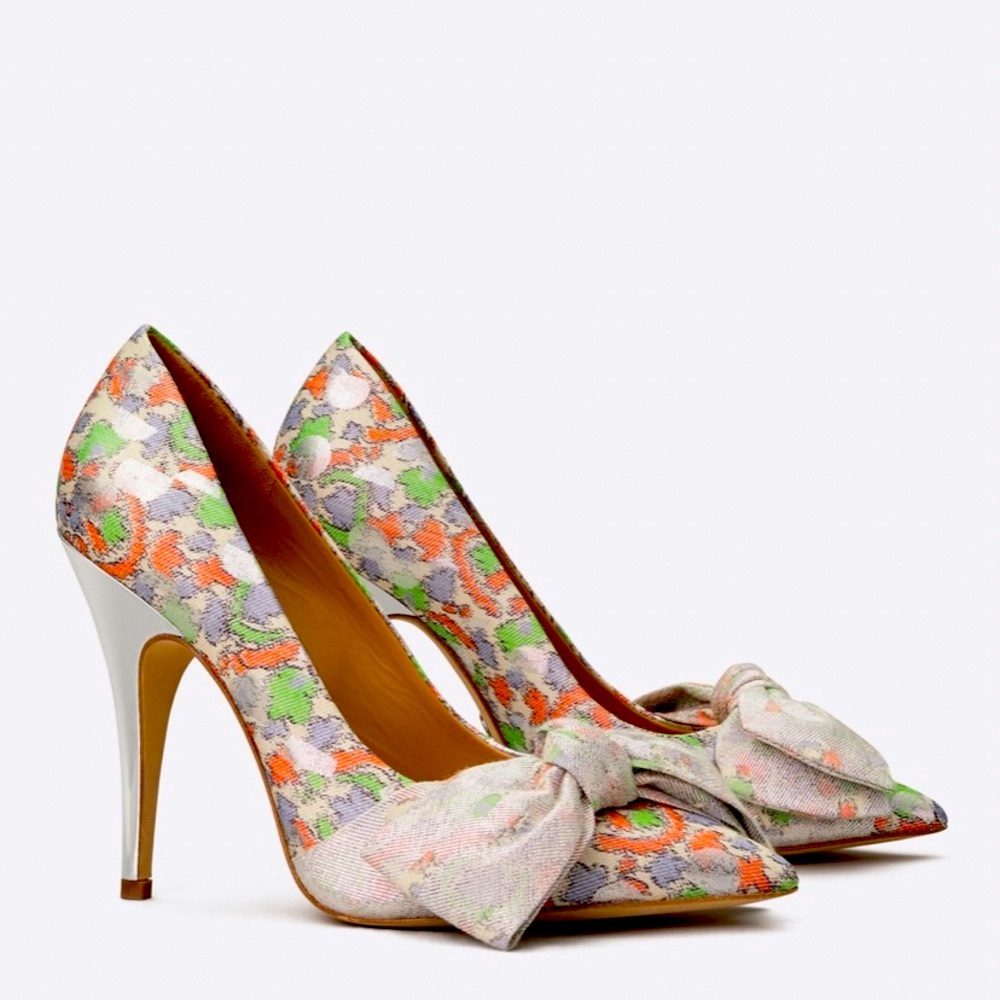 TORY BURCH 110MM BOW PUMP CHINE LUREX JACQUARD FABRIC SILVER HEEL 8 1/2 - Picture 13 of 13